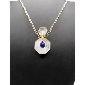 White Quartz Bottle Pendant Necklace with Lapis Lazuli Drop on 21" Chain